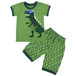 2 Pcs Boys Comfortable Cotton Dinosaur Print Tops And Shorts Sleepwear Set