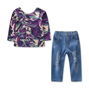 2 Pcs Girl Cotton Camouflage Print Backless T-shirts And Ripped Jeans