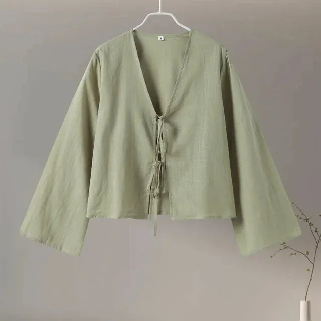 2025 New White Cropped Blouse for Women - Tie Front Casual Long Sleeve Summer Beach Shirt