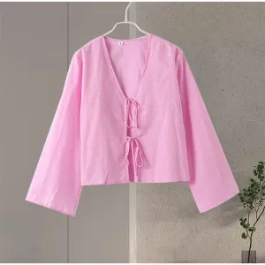 2025 New White Cropped Blouse for Women - Tie Front Casual Long Sleeve Summer Beach Shirt