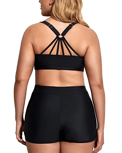 3 Piece Plus Size Tankini Swimsuits High Waisted Boy Shorts For Women-Black And Leopard