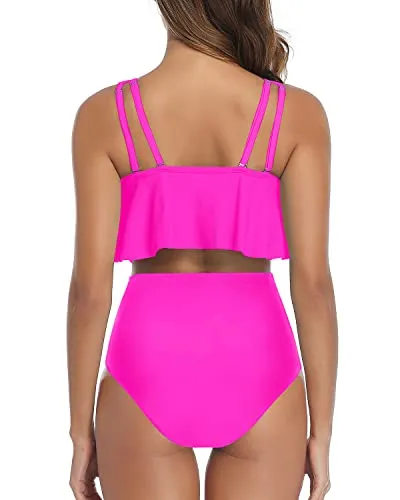 Adjustable Double Straps Women Ruffled Flounce Bikini Swimsuit-Neon Pink