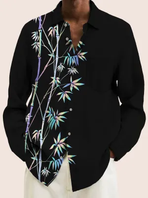 Alohadaddy Holiday Black Men's Long Sleeve Shirt Bamboo Leaf Art Vintage Pocket Camping Shirt Big Tall