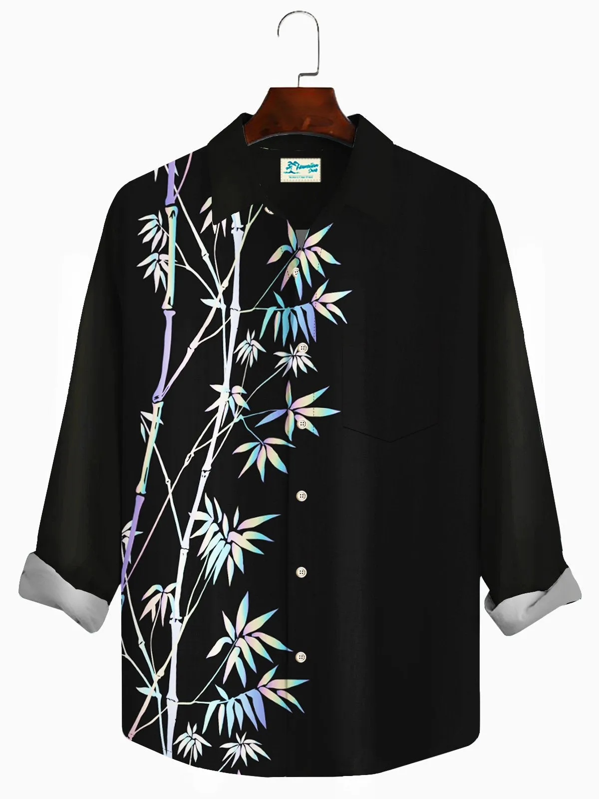 Alohadaddy Holiday Black Men's Long Sleeve Shirt Bamboo Leaf Art Vintage Pocket Camping Shirt Big Tall