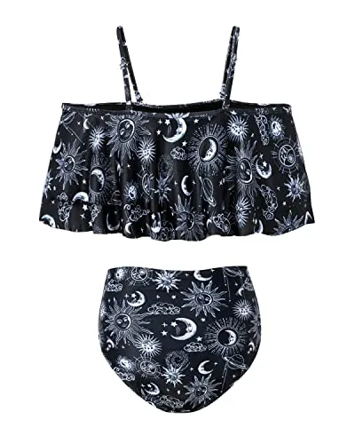 Attractive Off Shoulder High Waisted Ruffle Bikini Set-Black Sun And Moon