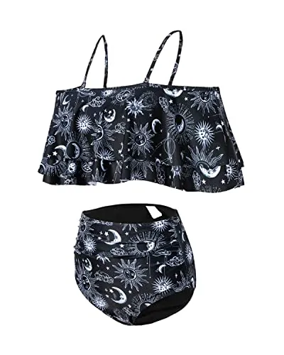 Attractive Off Shoulder High Waisted Ruffle Bikini Set-Black Sun And Moon