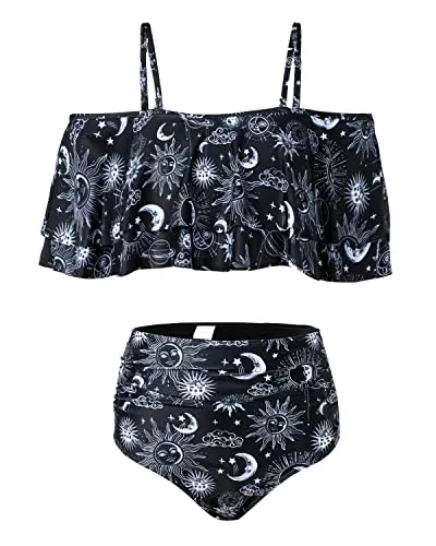Attractive Off Shoulder High Waisted Ruffle Bikini Set-Black Sun And Moon