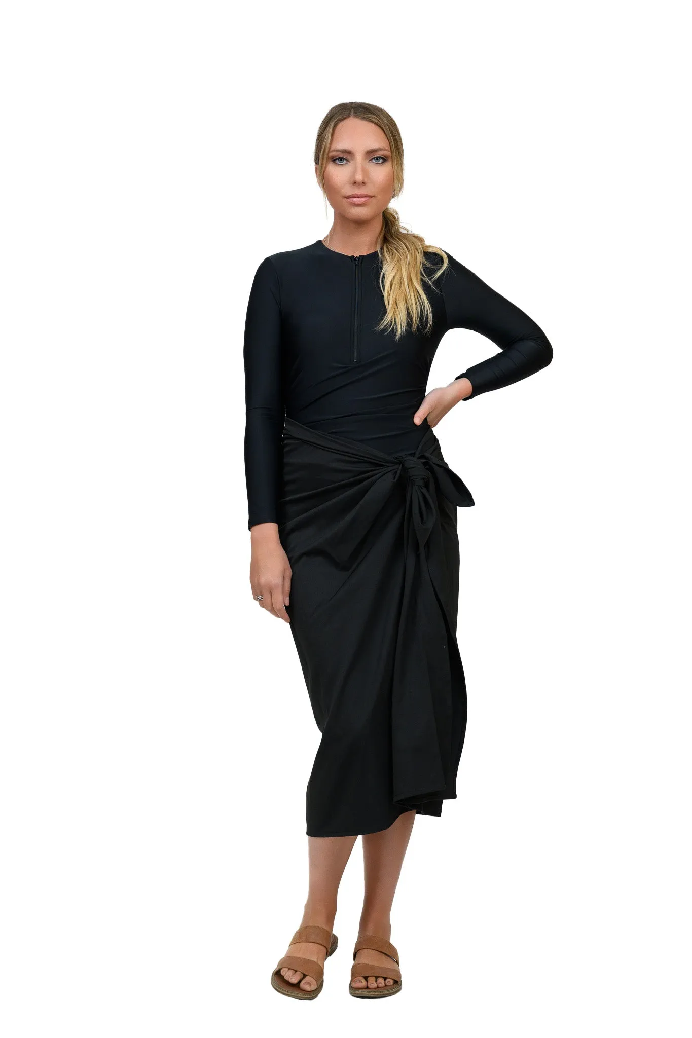 Black Front Tie Non Stretch Swim Skirt