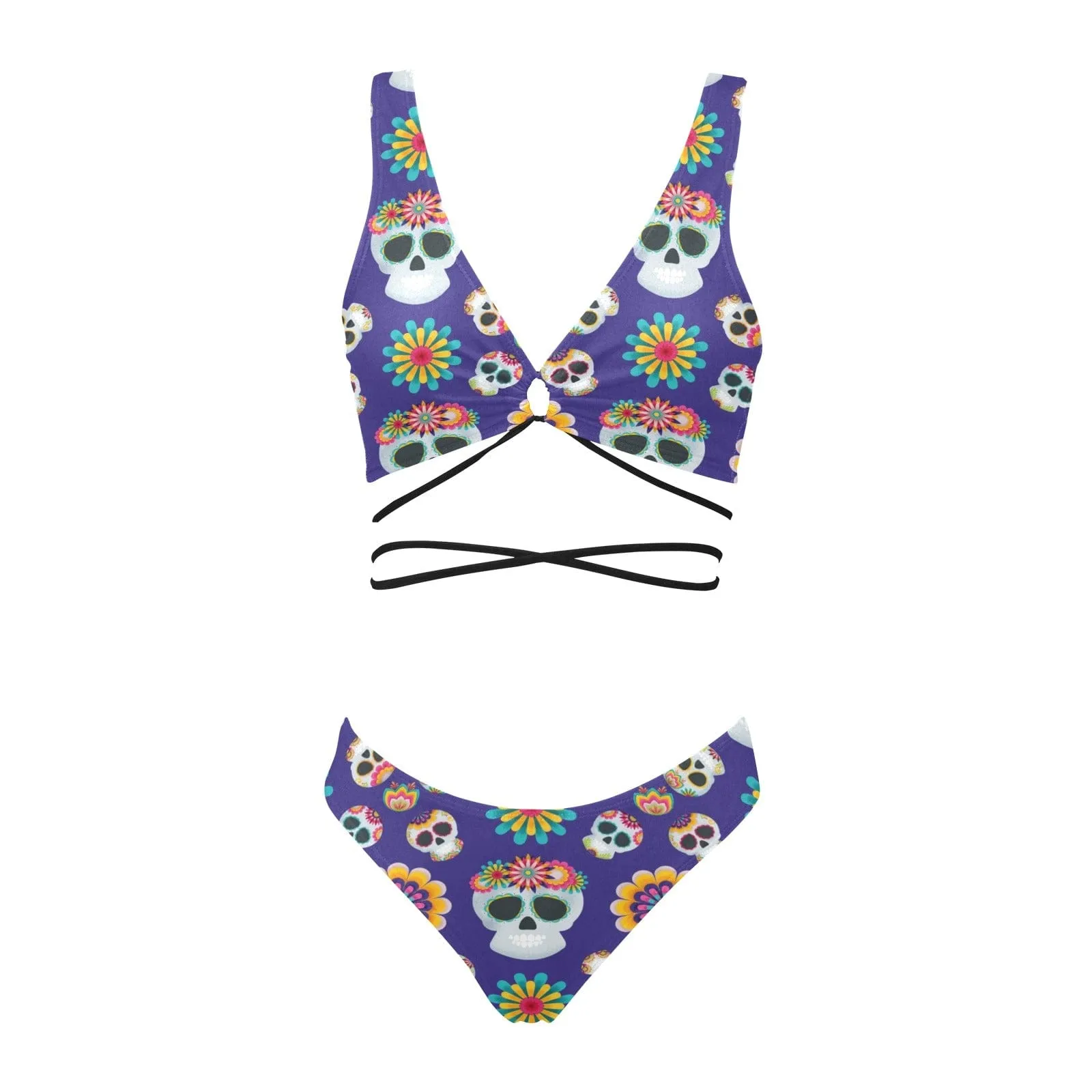 Blue Sugar Skulls Two Piece Cross String Bikini Set