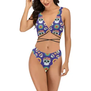 Blue Sugar Skulls Two Piece Cross String Bikini Set