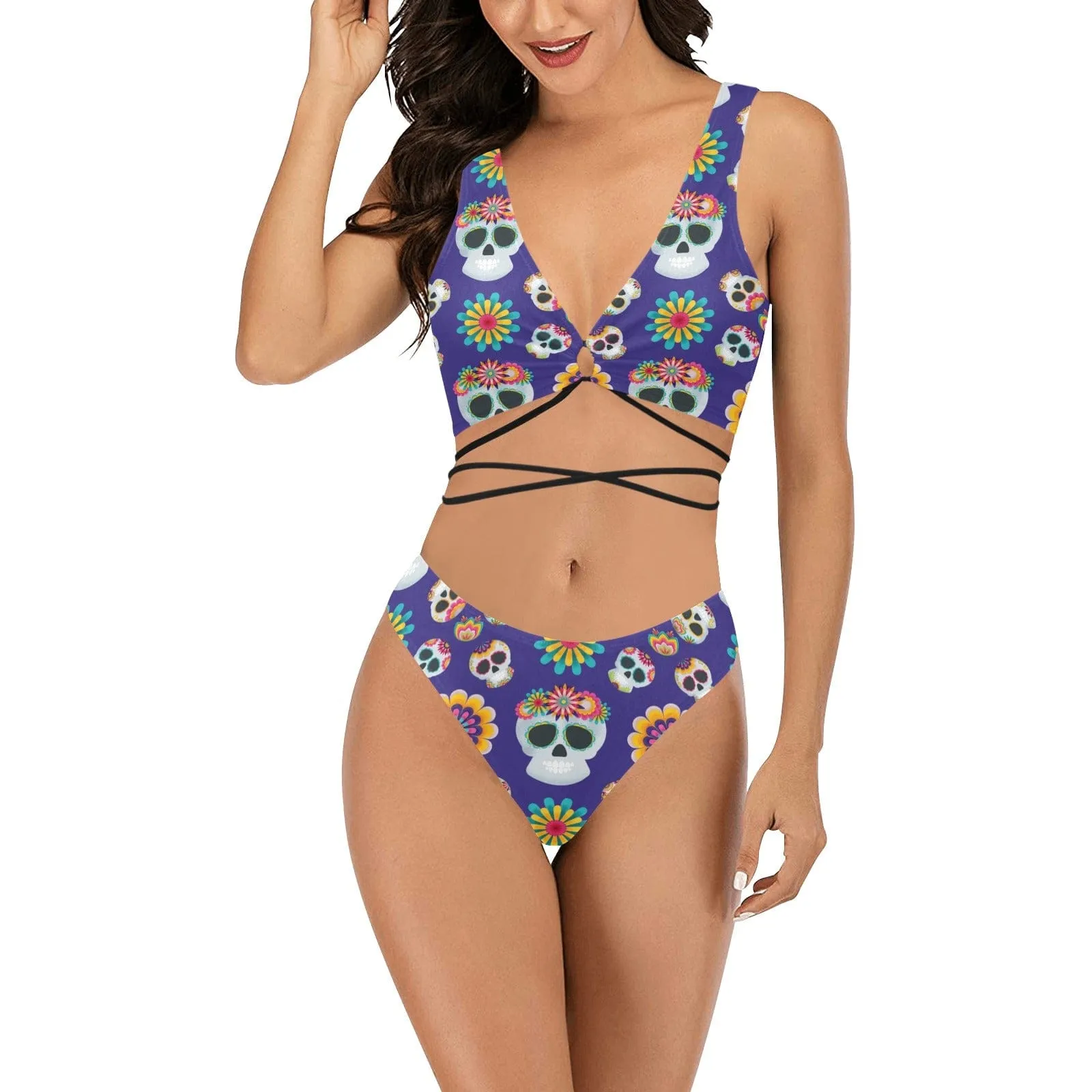 Blue Sugar Skulls Two Piece Cross String Bikini Set