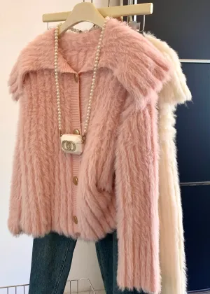 Cute Pink Peter Pan Collar Button Mink Velve Sweater Tops Spring TA015