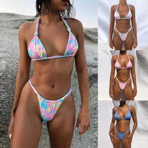Detachable Straps Gradient Print Halter Bikini