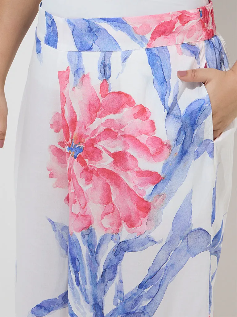 Diza White Floral Printed High-Rise Pants