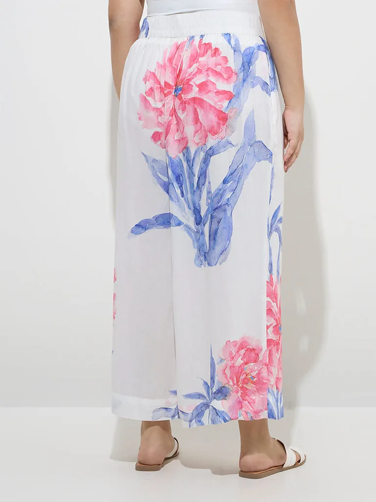 Diza White Floral Printed High-Rise Pants