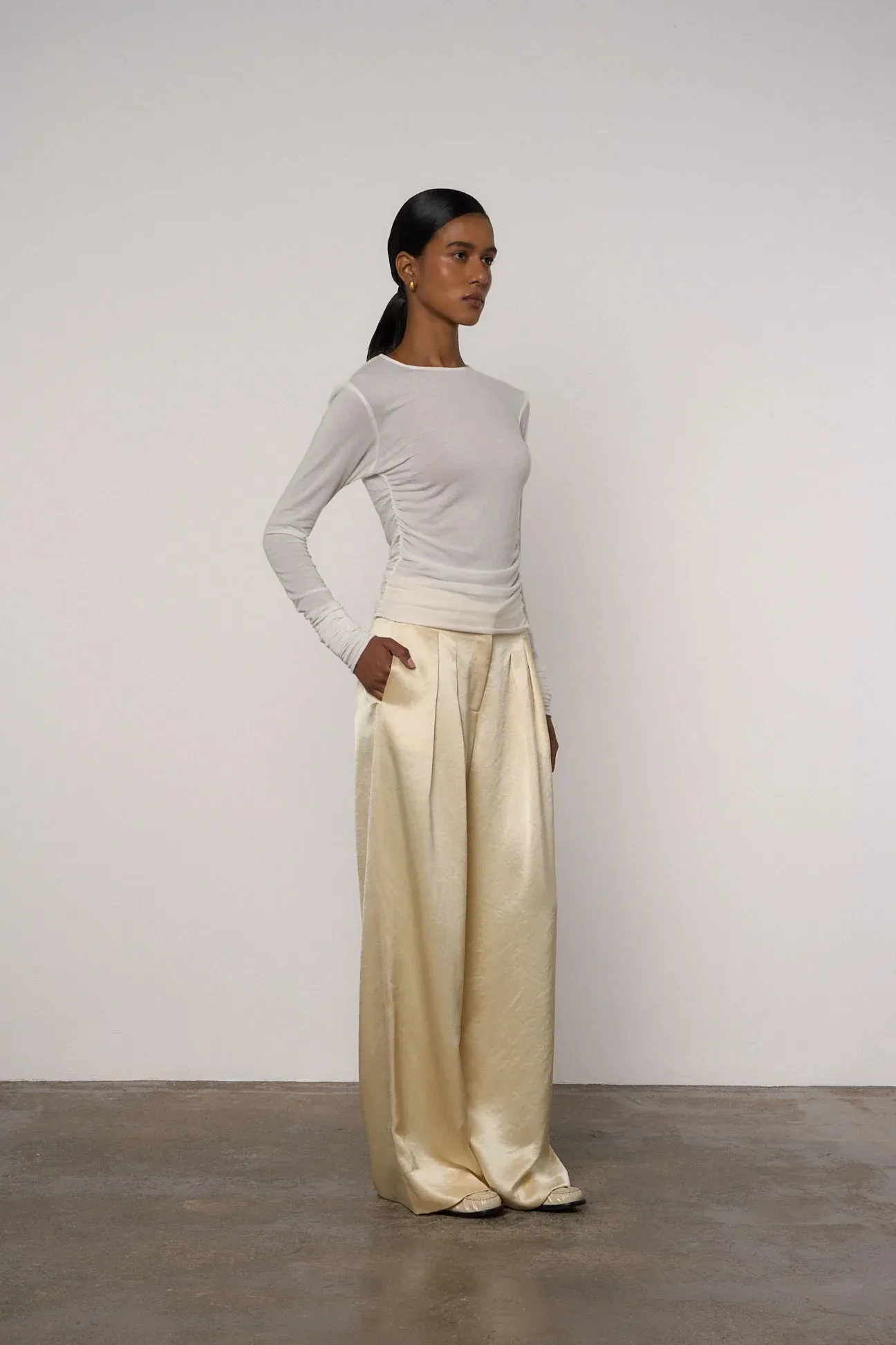 Double Pleat Wide Leg Trouser in Butter Yellow