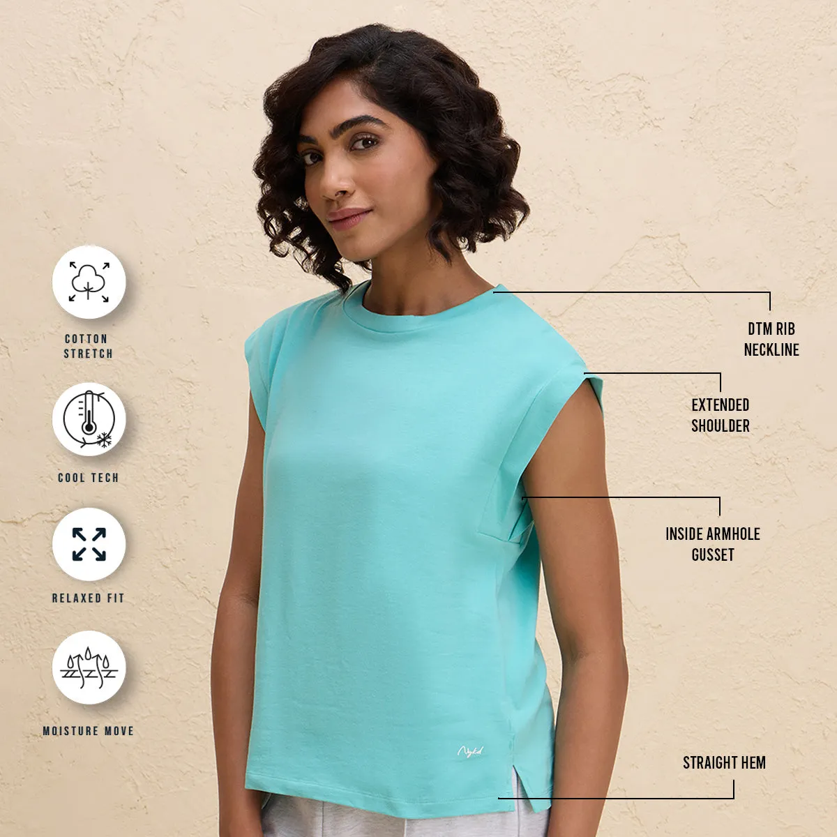 Extended Shoulder Cotton Tank Top with 2 Degree Cooling Tech-NYLE514-Turquoise