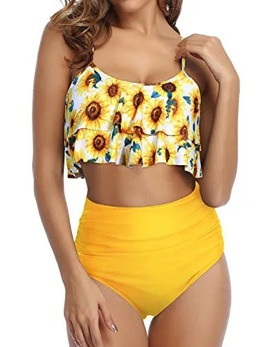Eye-Catching Ruched Bikini Double Tiered Ruffle Crop Top-Yellow And Sunflower