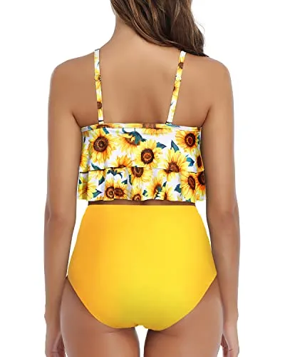 Eye-Catching Ruched Bikini Double Tiered Ruffle Crop Top-Yellow And Sunflower