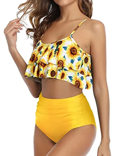 Eye-Catching Ruched Bikini Double Tiered Ruffle Crop Top-Yellow And Sunflower