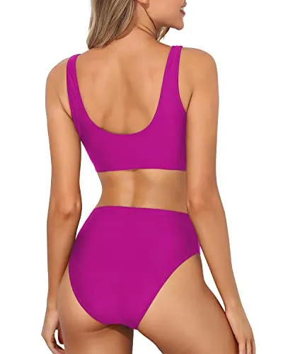 Fashionable Two Piece Bikini High Waisted Bathing Suit Bottoms-Hot Pink