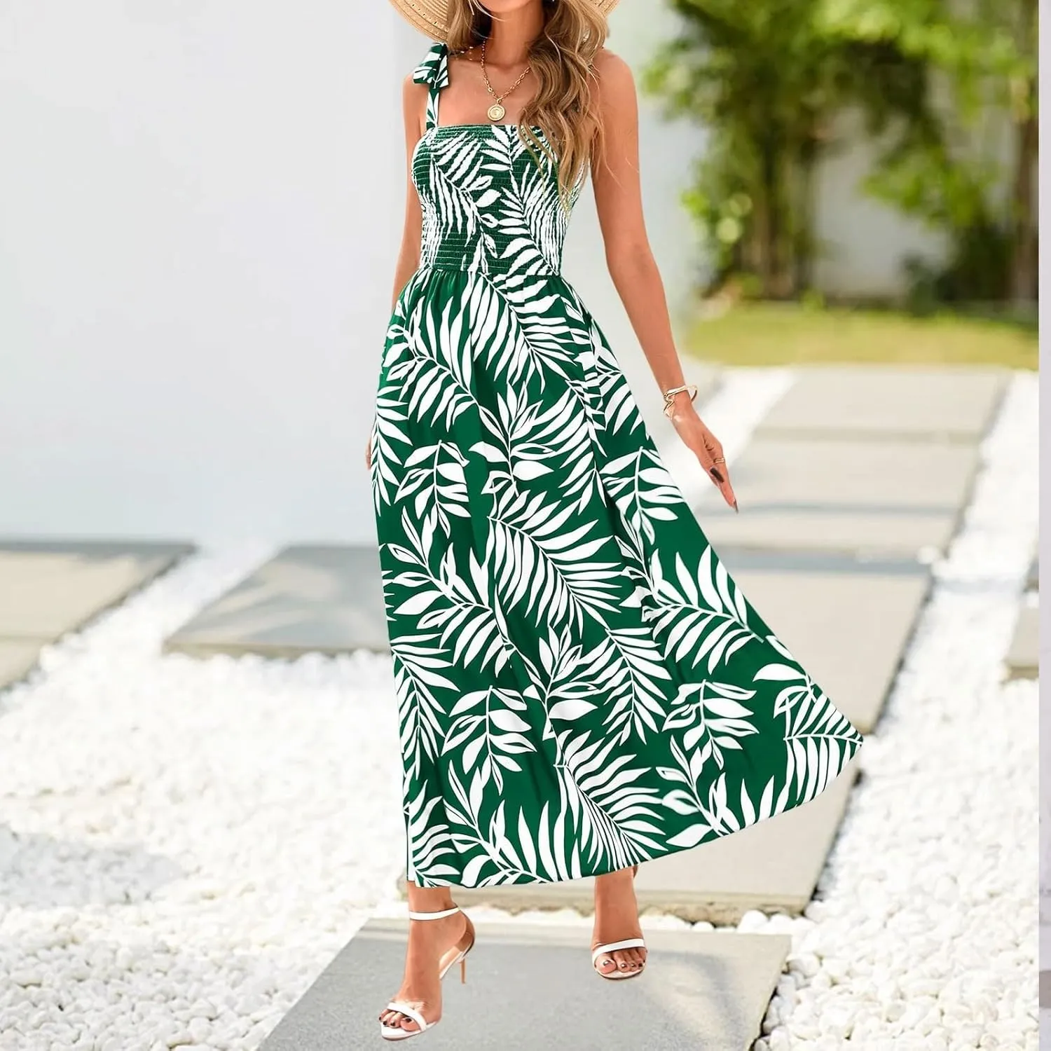 Floral Maxi Dresses for Women 2025 Casual Tie Shoulder Smocked Wrap Dress Flowy Square Neck Beach Vacation Sundresses