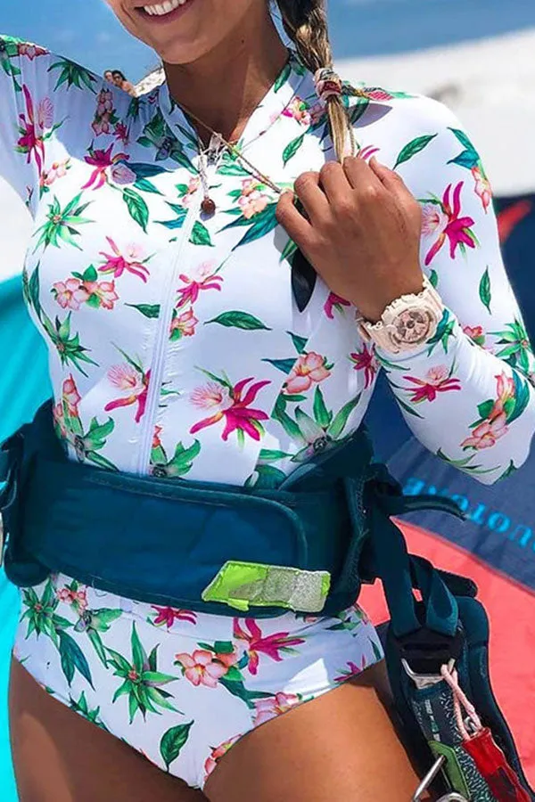 Floral Print Zipper Stylish One Piece Swimwear