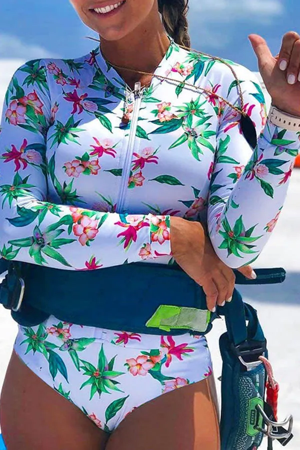 Floral Print Zipper Stylish One Piece Swimwear