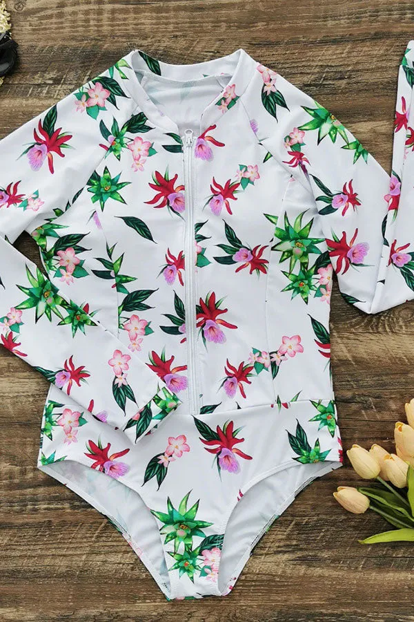 Floral Print Zipper Stylish One Piece Swimwear