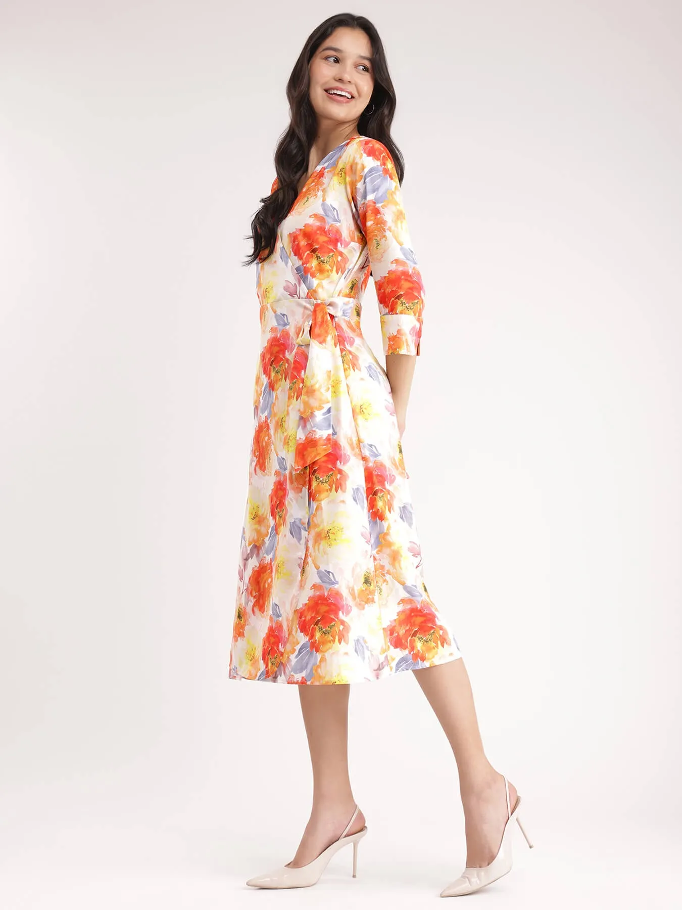 Floral Wrap Dress - Orange And Yellow