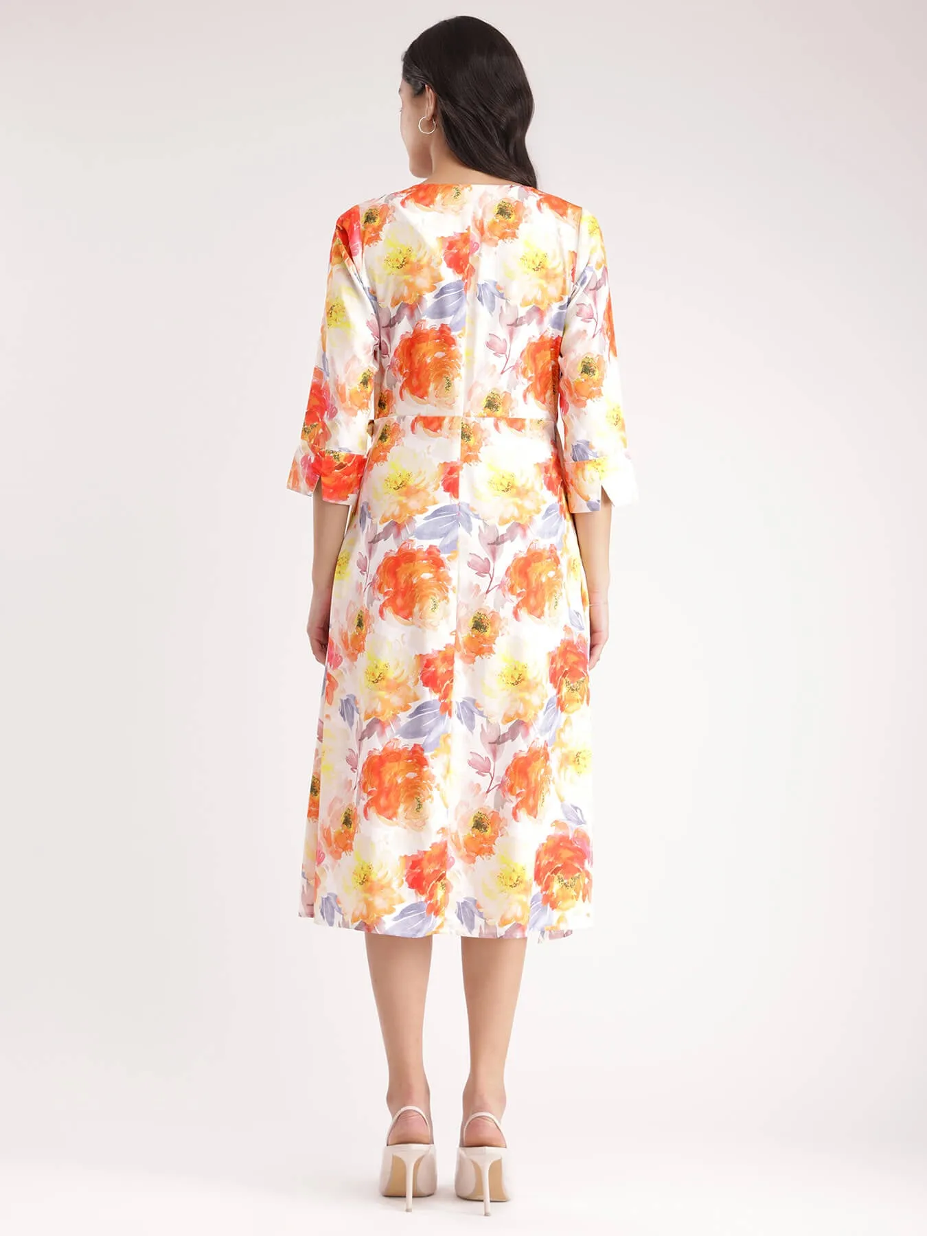 Floral Wrap Dress - Orange And Yellow