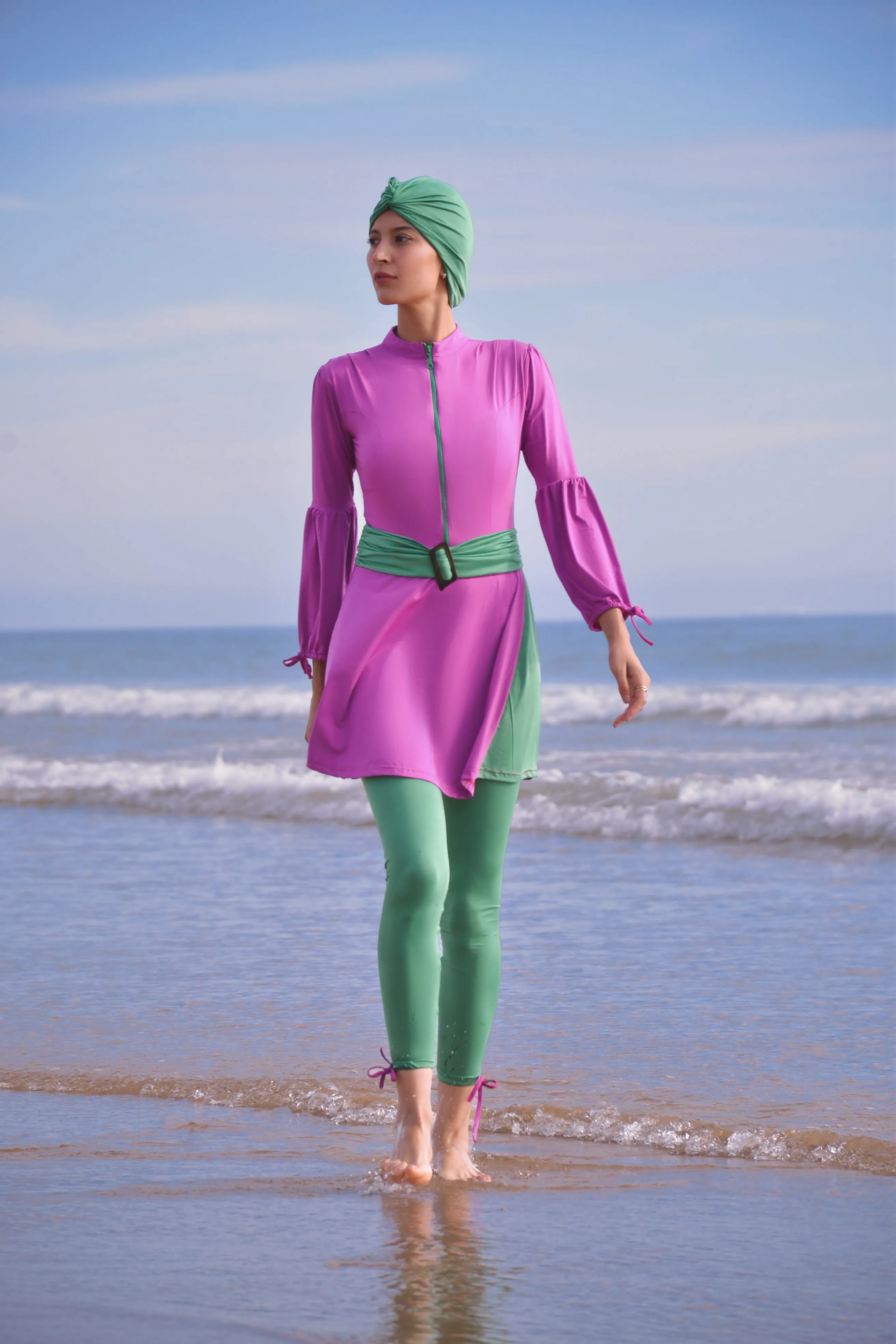 Fushia Palace-green and pink modest swimwear