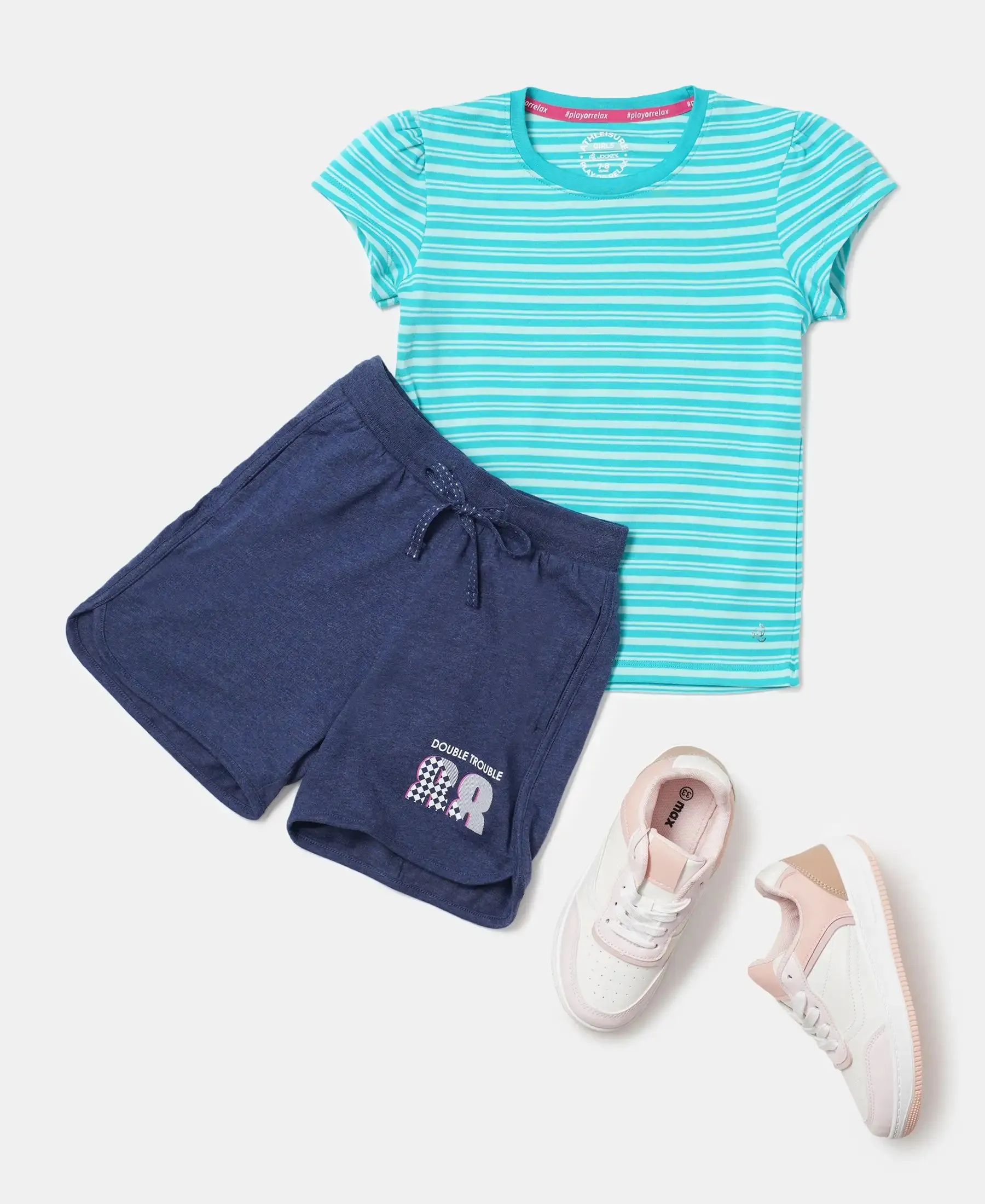 Girl's Super Combed Cotton Elastane Stretch Rib Striped Short Sleeve T-Shirt - Paradise Teal & Aqua Splash