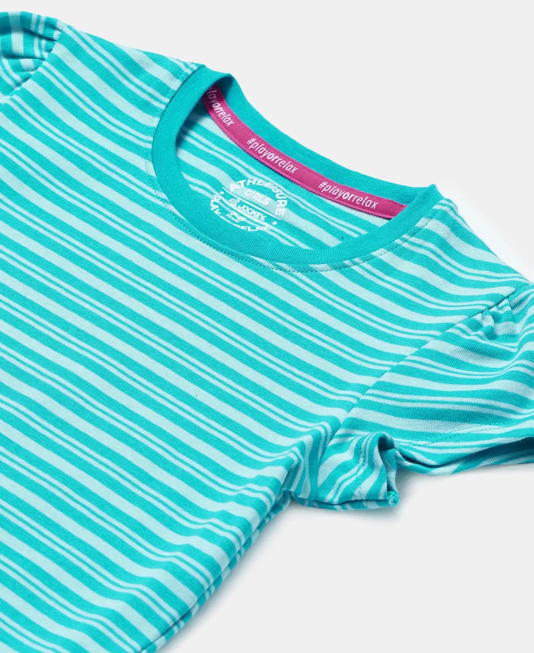 Girl's Super Combed Cotton Elastane Stretch Rib Striped Short Sleeve T-Shirt - Paradise Teal & Aqua Splash