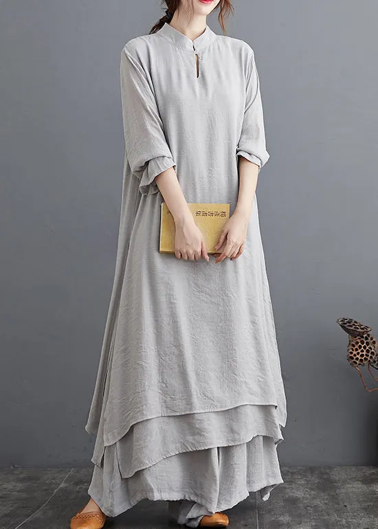 Grey Linen Two Piece Set Tops And Pants Clothing Spring Summer AP095