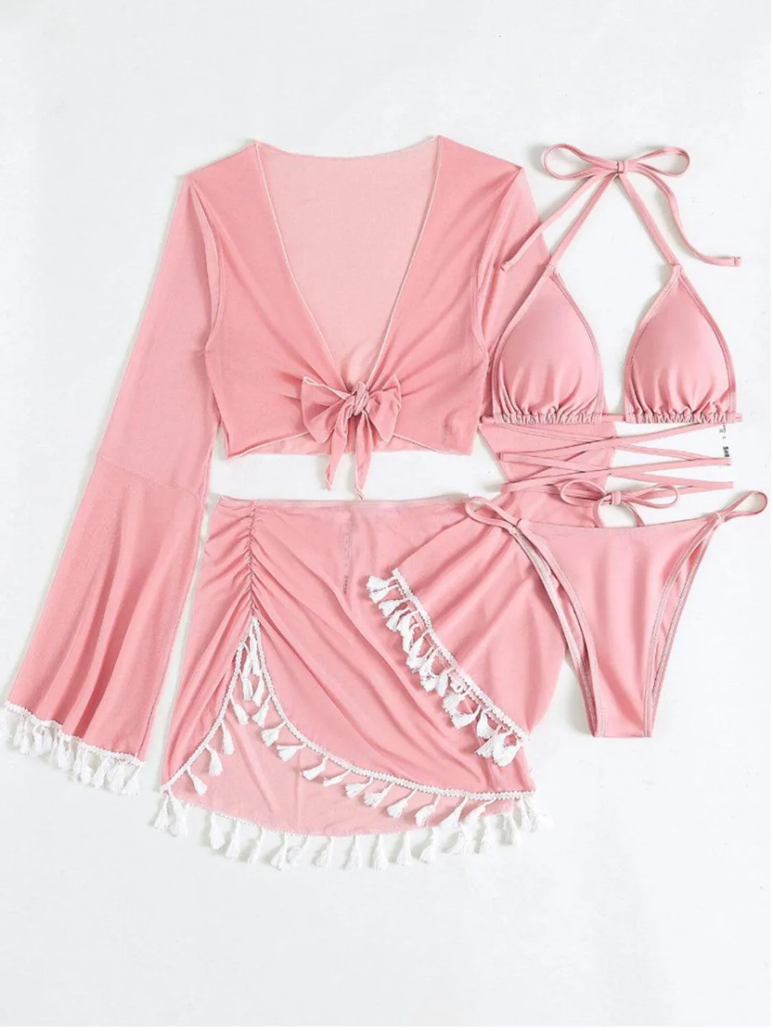 Halter Top, Bottom, Cover-Up, and Skirt Four Piece Swim Set