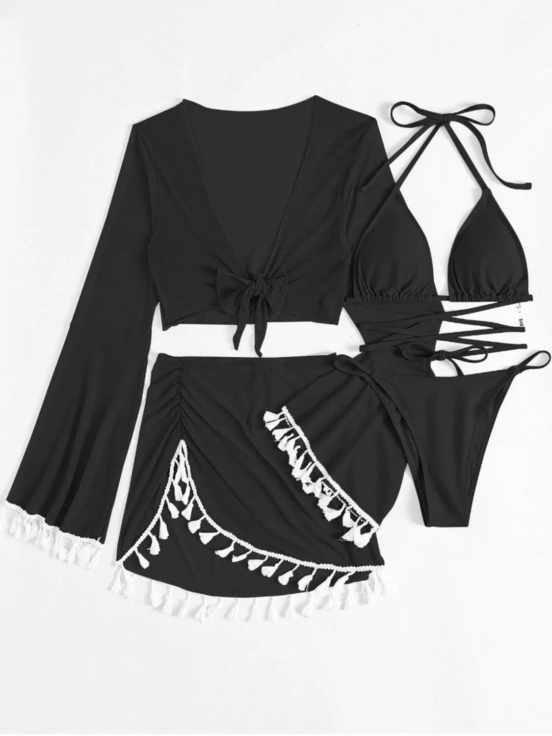 Halter Top, Bottom, Cover-Up, and Skirt Four Piece Swim Set