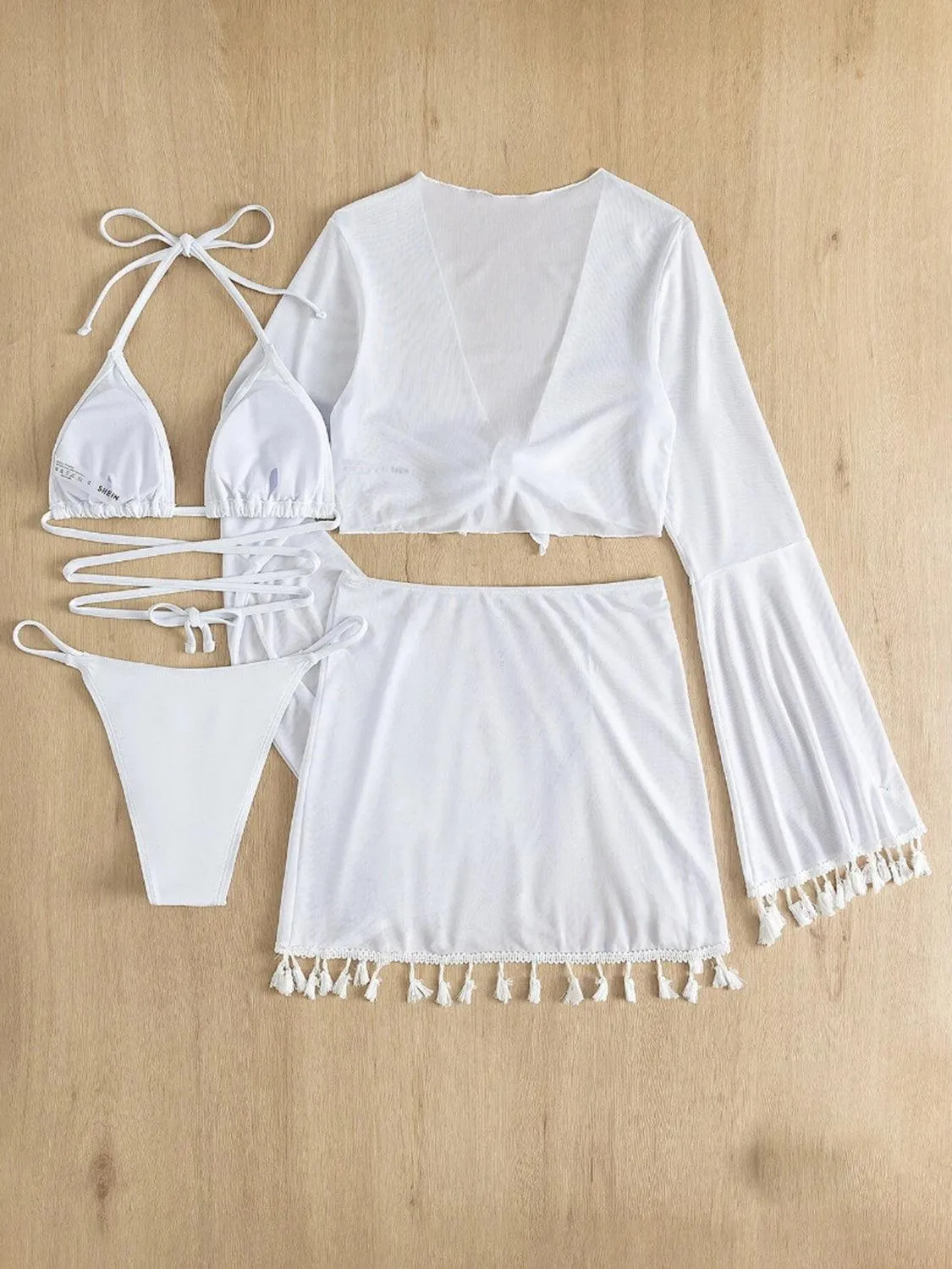 Halter Top, Bottom, Cover-Up, and Skirt Four Piece Swim Set