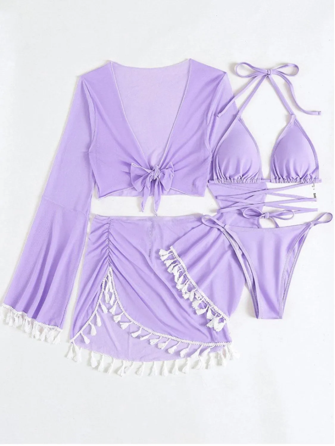 Halter Top, Bottom, Cover-Up, and Skirt Four Piece Swim Set