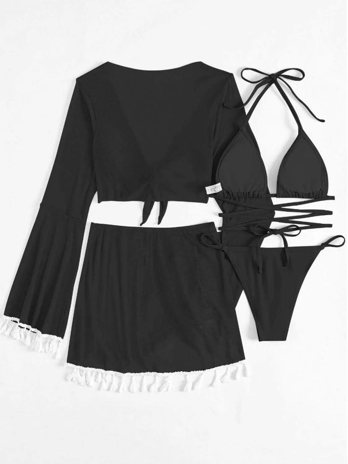 Halter Top, Bottom, Cover-Up, and Skirt Four Piece Swim Set