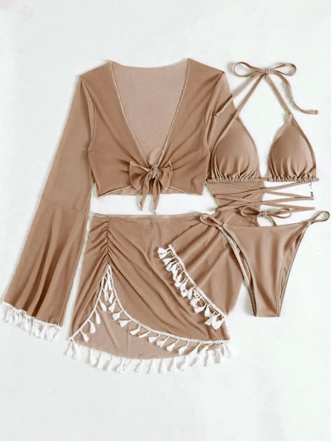 Halter Top, Bottom, Cover-Up, and Skirt Four Piece Swim Set