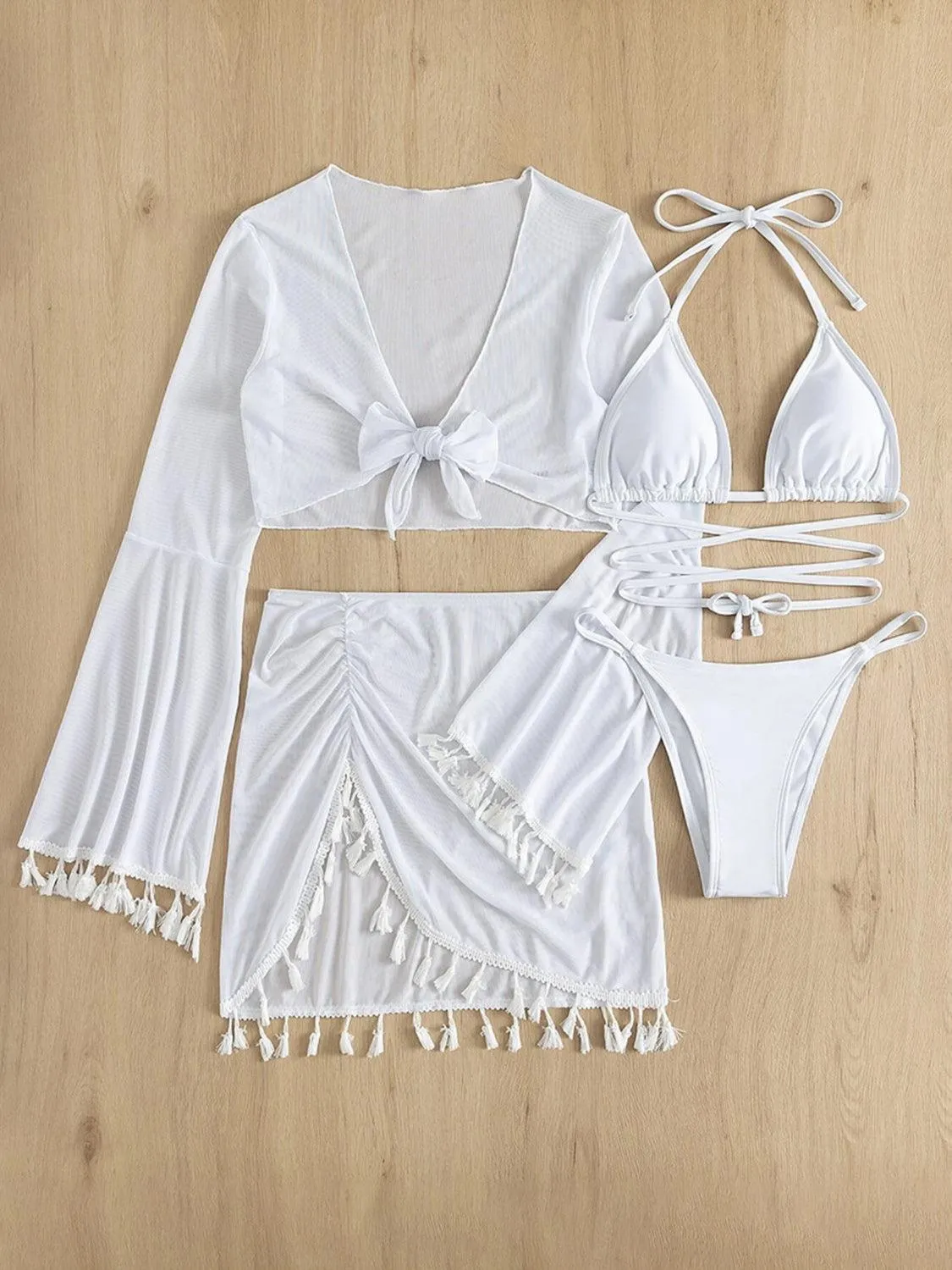 Halter Top, Bottom, Cover-Up, and Skirt Four Piece Swim Set