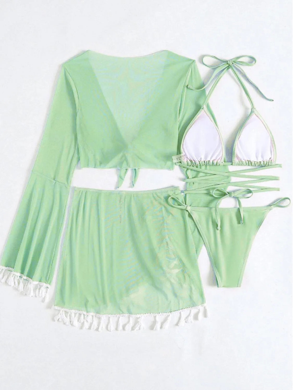 Halter Top, Bottom, Cover-Up, and Skirt Four Piece Swim Set