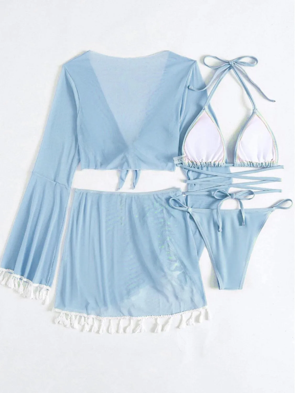 Halter Top, Bottom, Cover-Up, and Skirt Four Piece Swim Set