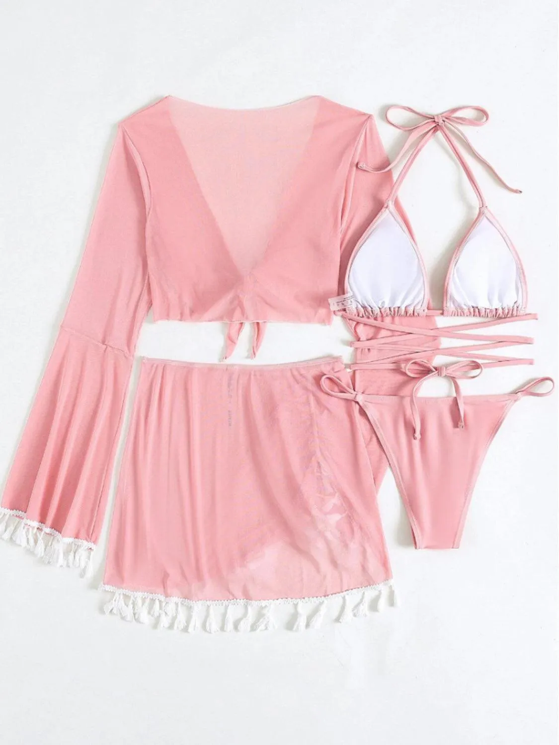 Halter Top, Bottom, Cover-Up, and Skirt Four Piece Swim Set