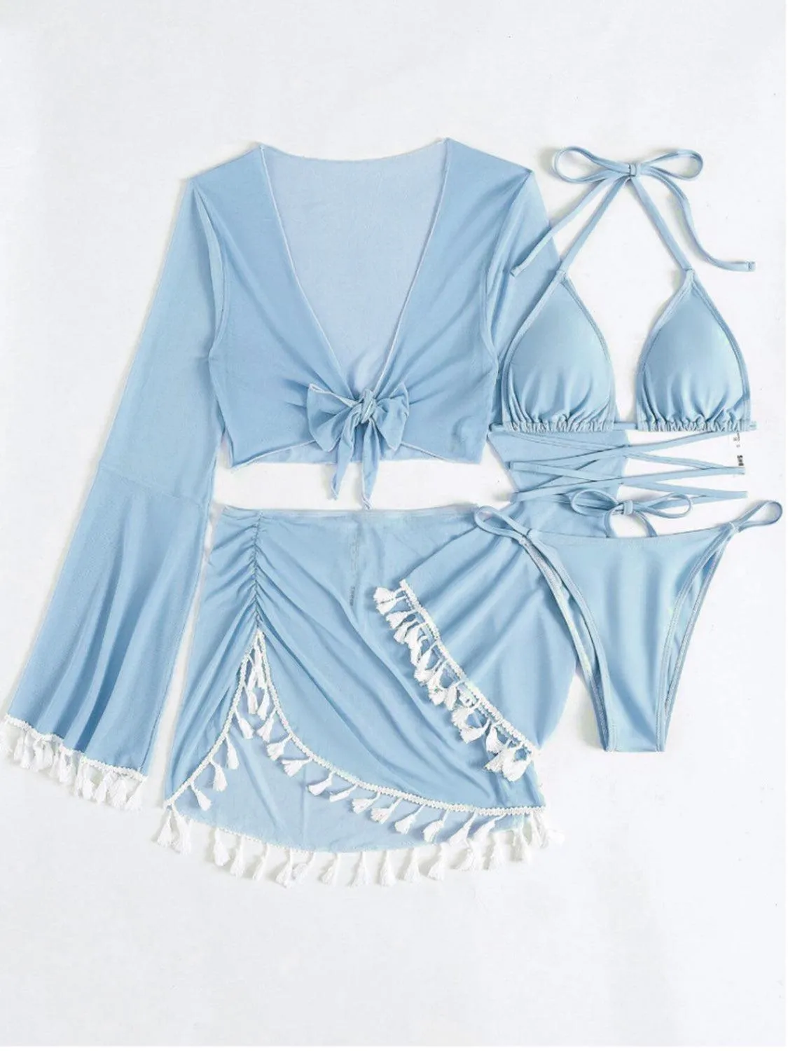 Halter Top, Bottom, Cover-Up, and Skirt Four Piece Swim Set