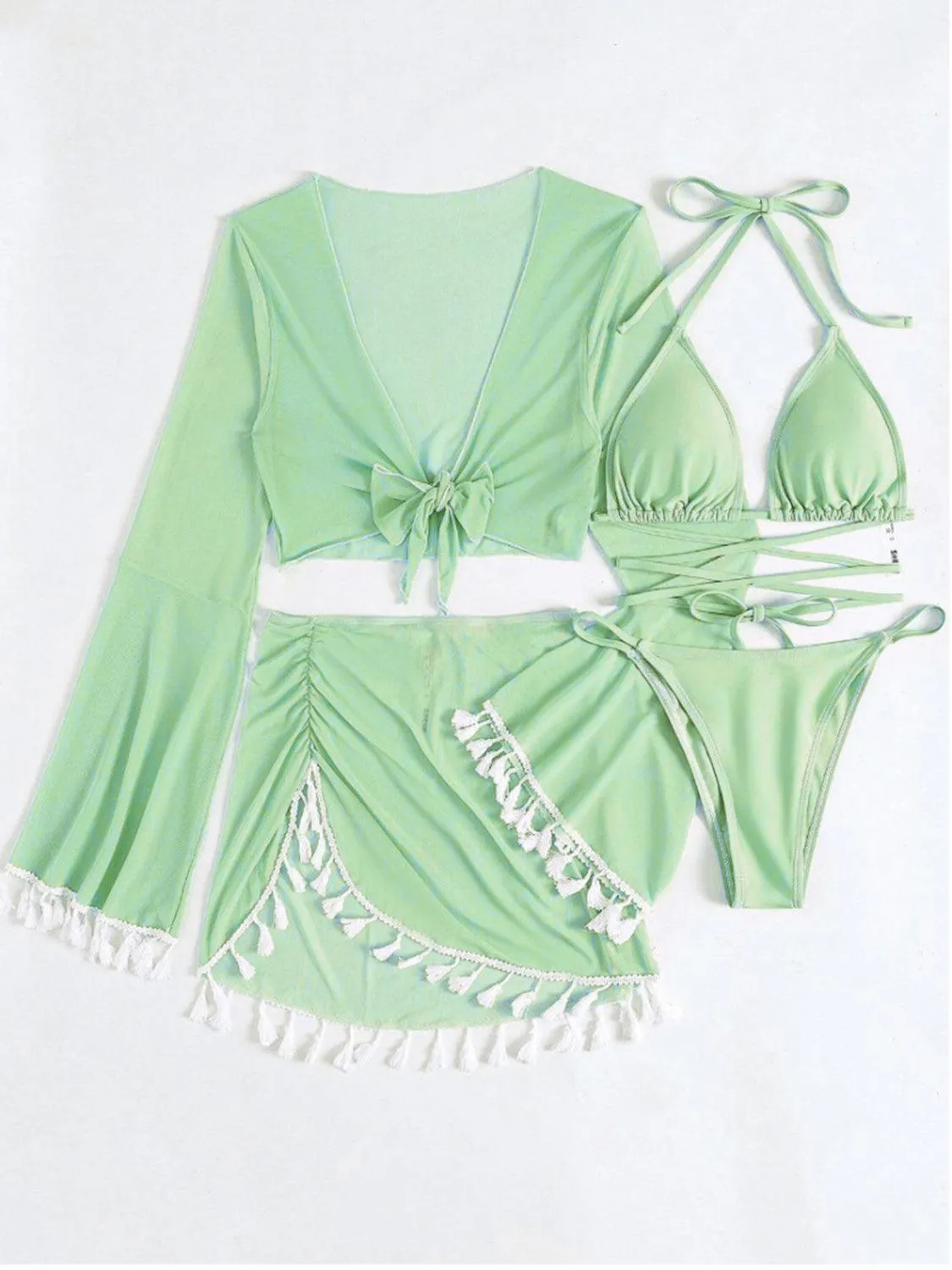Halter Top, Bottom, Cover-Up, and Skirt Four Piece Swim Set