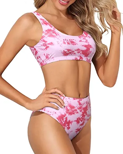 High Cut Bikini Crop Top Bottoms For Long Torso Two Piece Scoop Neck Bikini-Pink Tie Dye