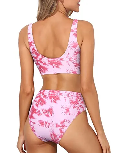 High Cut Bikini Crop Top Bottoms For Long Torso Two Piece Scoop Neck Bikini-Pink Tie Dye