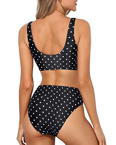 High Waisted Bikini Sporty High Cut Bathing Suit Sports Two Piece Bikini For Women-Black Dot